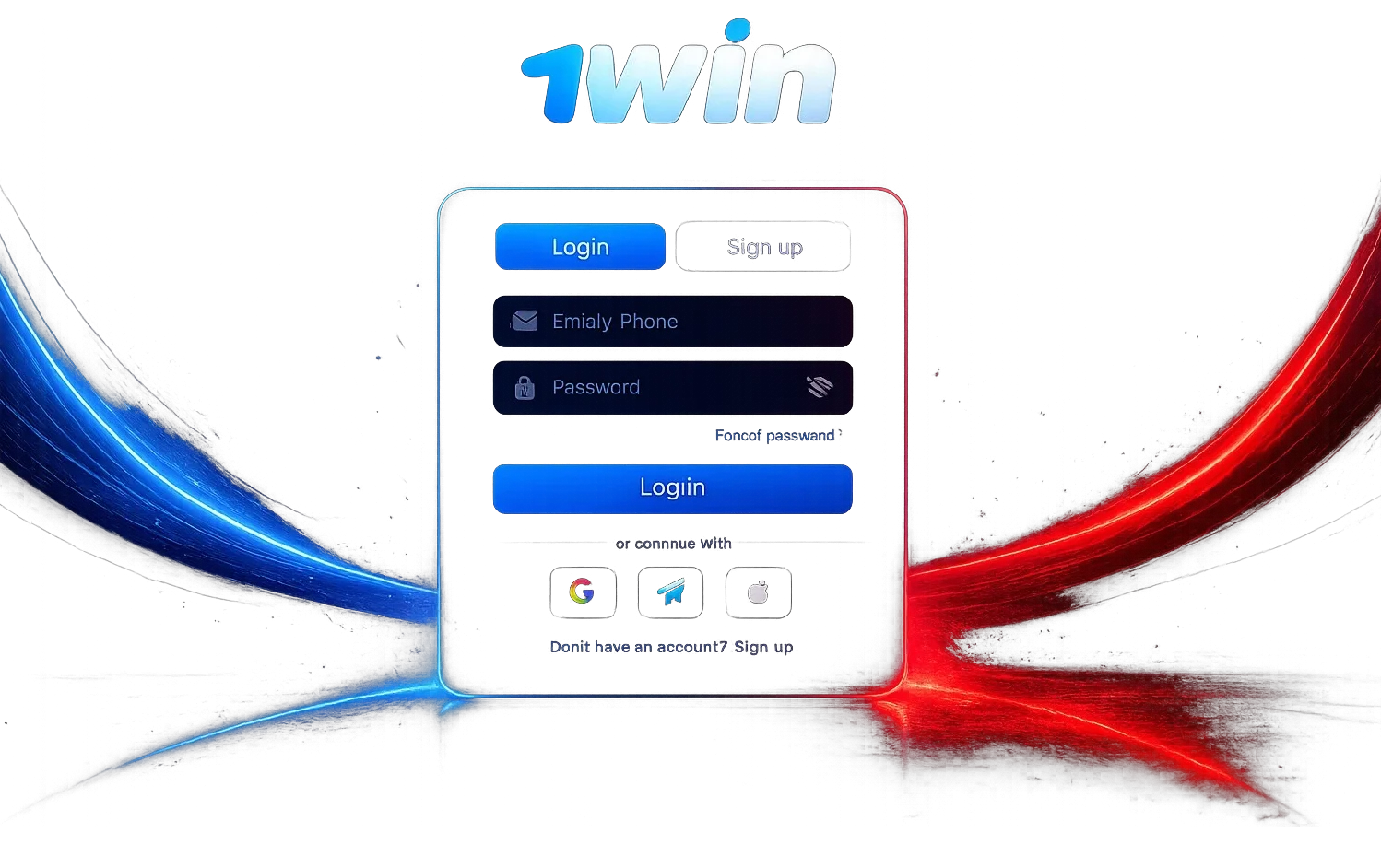 1win login and registration interface with neon blue and red effects